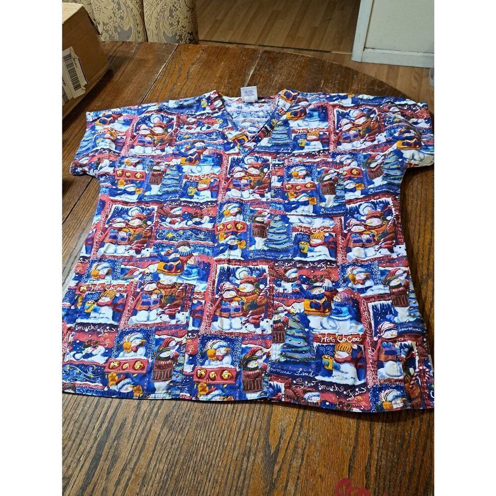 Large S.C.R.U.B.S. Christmas Holiday Winter Snowman Short Sleeve Scrub Top Shirt